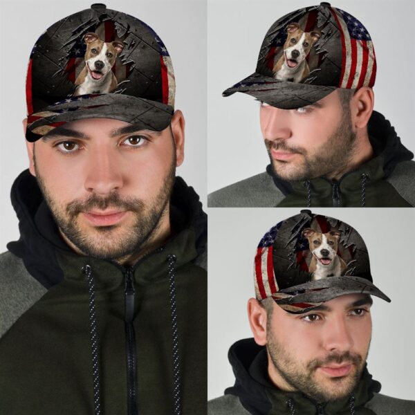 Staffordshire Terrier On The American Flag Cap Custom Photo – Hats For Walking With Pets – Gifts Dog Hats For Relatives