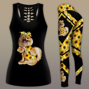Sun Flower Pomeranian Dog Combo Leggings And Hollow Tank Top – Workout Sets For Women – Gift For Dog Lovers