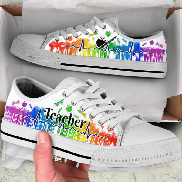 Teacher Shoes Drip Watercolor Heartbeat Low Top Shoes – Best Gift For Teacher, School Shoes – Sneaker For Walking