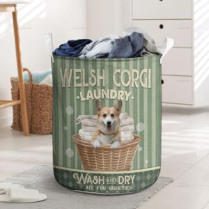 Welsh Corgi Wash And Dry In Green Stripe Pattern Laundry Basket Laundry Hamper Dog Lovers Gifts for Him or Her 1