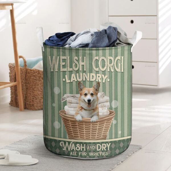 Welsh Corgi Wash And Dry In Green Stripe Pattern Laundry Basket – Laundry Hamper – Dog Lovers Gifts for Him or Her