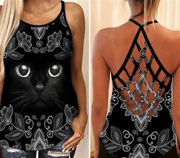 White Eye Black Cat Criss Cross Tank Top – Women Hollow Camisole – Gift For Cat Lover