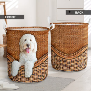 White Goldendoodle Rattan Texture Laundry Basket…
