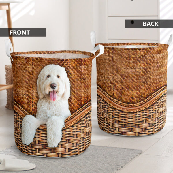 White Goldendoodle Rattan Texture Laundry Basket – Laundry Hamper – Dog Lovers Gifts for Him or Her