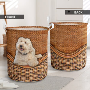 White Labradoodle Rattan Texture Laundry Basket…