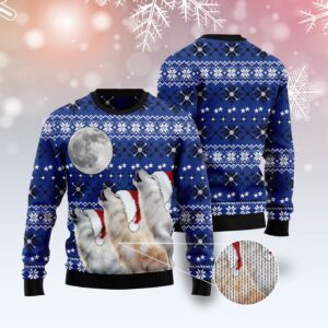 Wolf Howling Moon Ugly Christmas Sweater Funny Family Sweater Gifts Unisex Crewneck Sweater 3