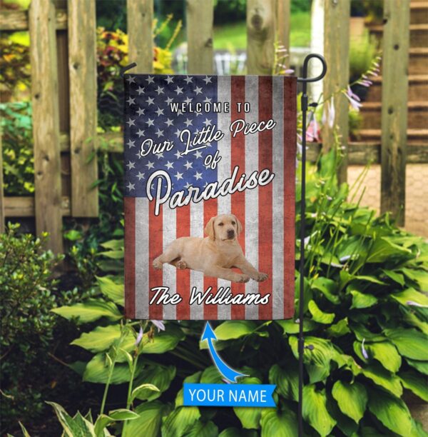Yellow Labrador Retriever Welcome To Our Paradise Personalized Dog Garden Flags – Dog Lovers Gifts for Him or Her
