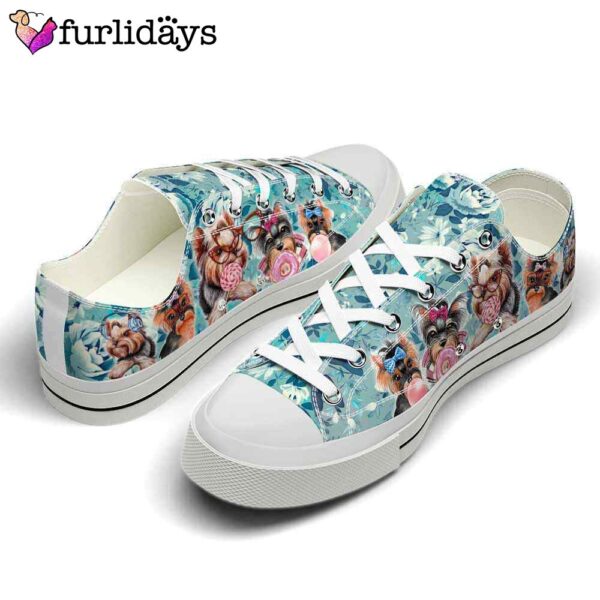 Yorkshire Terrier Blue Flowers Candy Low Top Shoes  – Happy International Dog Day Canvas Sneaker – Owners Gift Dog Breeders