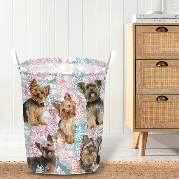 Yorkshire Terrier In Summer Tropical With Leaf Seamless Laundry Basket – Laundry Hamper – Dog Lovers Gifts for Him or Her