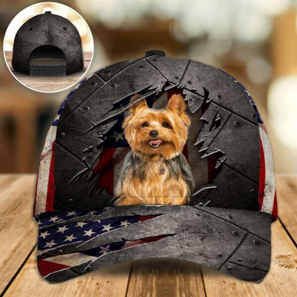 Yorkshire Terrier On The American Flag Cap Custom Photo – Hat For Going Out With Pets – Gifts Dog Hats For Relatives
