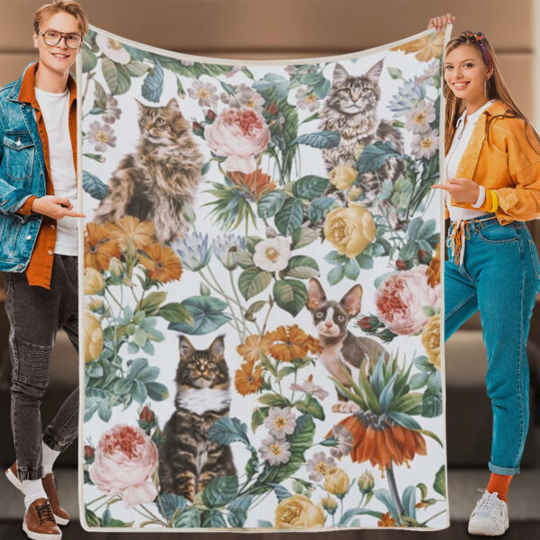 Cat Blanket For Couch – Cat In Blanket – Cat And Floral Pattern – Cats Blanket – Cat Fleece Blanket – Furlidays