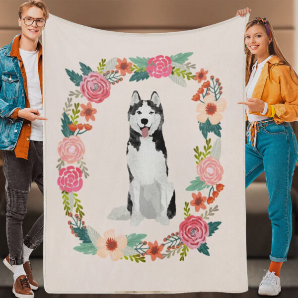 Dog Fleece Blanket – Husky Floral Wreath Spring – Dog Blanket For Couch – Dog Blankets – Furlidays