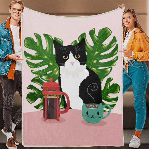 Cat Fleece Blanket – Tuxie Cat And Coffee – Cat Blanket For Sofa – Cats Blanket – Blanket With Cats On It – Furlidays