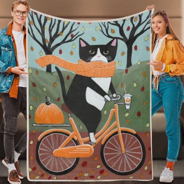 Cats Blanket – Tuxedo Cat Autumn Bicycle Ride – Cat Fleece Blanket – Cat Throw Blanket – Furlidays