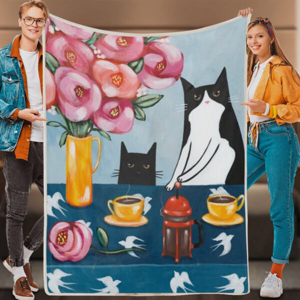 Cat Throw Blanket – Cats And French Press Coffee – Cat Blankets – Cat Fleece Blanket – Furlidays