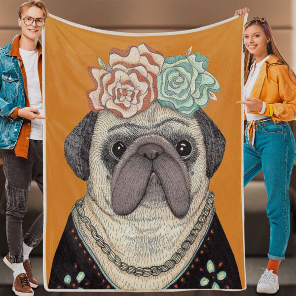 Dog Fleece Blanket – Frida Pug – Blanket With Dogs Face – Dog Blankets – Dog Painting Blanket – Furlidays