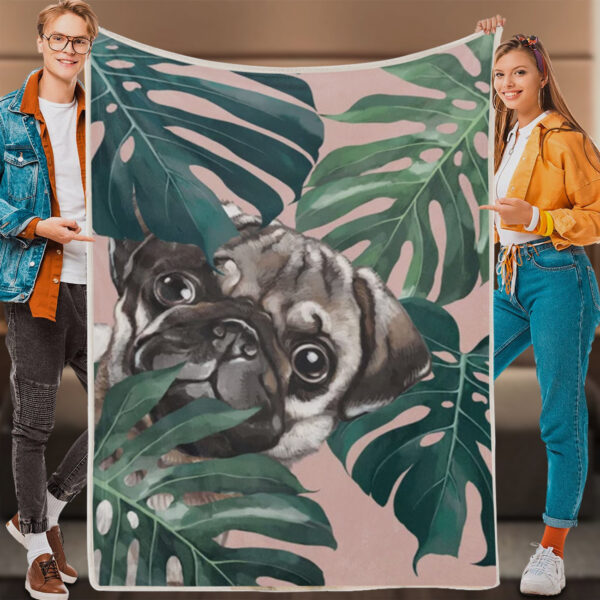 Dog Blanket – Pug With Monstera Leaf – Dog Face Blanket – Dog Throw Blanket – Dog Painting Blanket – Furlidays