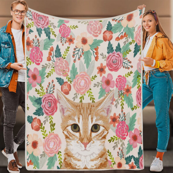 Cat Fleece Blanket – Orange Tabby Floral Cat – Cat In Blanket – Cats Blanket – Furlidays