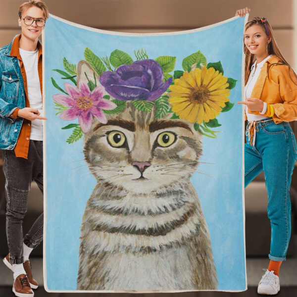 Cat Blankets For Sofa – Cat With Flowers – Cat Fleece Blanket – Cat Throw Blanket – Cat Blankets – Furlidays