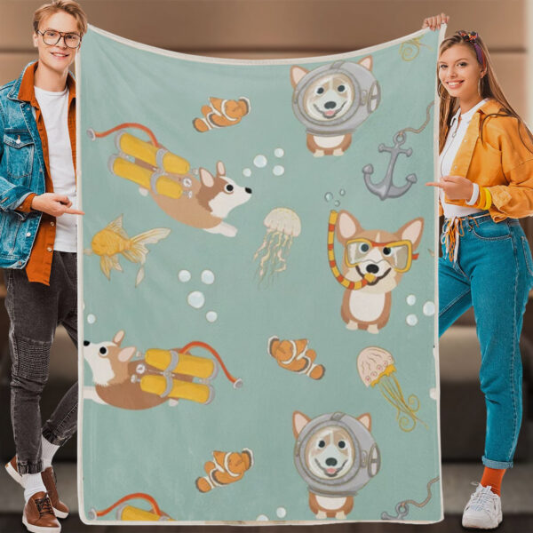 Dog Fleece Blanket – Happy Diving Corgis – Blanket With Dogs Face – Dog Blankets – Dog Throw Blanket – Furlidays