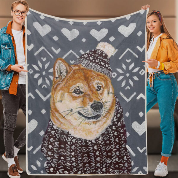 Dog Painting Blanket – Shiba Inu In A Hat And Scarf – Dog Throw Blanket – Dog In Blanket – Dog Fleece Blanket – Furlidays