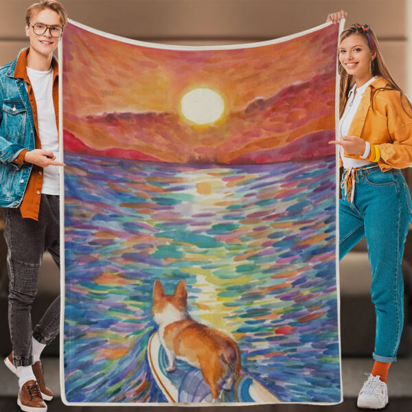 Dog Throw Blanket – Corgi – Sunset Surfer – Dog Painting Blanket – Dog Blankets – Dog Fleece Blanket – Furlidays