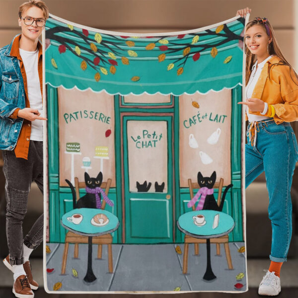Cat Fleece Blanket – Paris Cafe For Cats – Cat Throw Blanket – Blanket With Cats On It – Furlidays