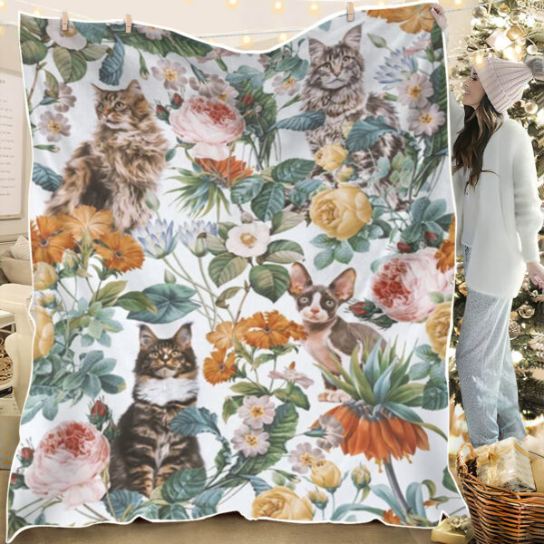 Cat Blanket For Couch – Cat In Blanket – Cat And Floral Pattern – Cats Blanket – Cat Fleece Blanket – Furlidays