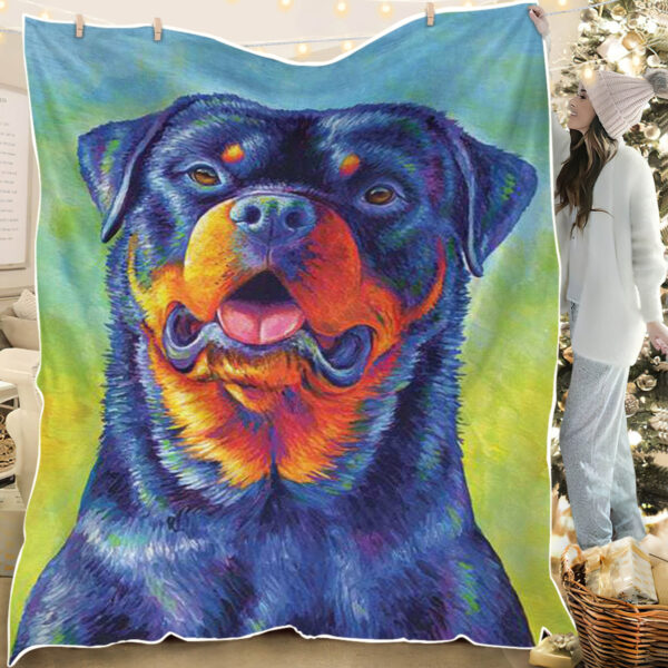 Dog Fleece Blanket – Gentle Guardian – Colorful Rottweiler – Dog Blankets – Dog Blankets For Sofa – Dog Painting Blanket – Furlidays