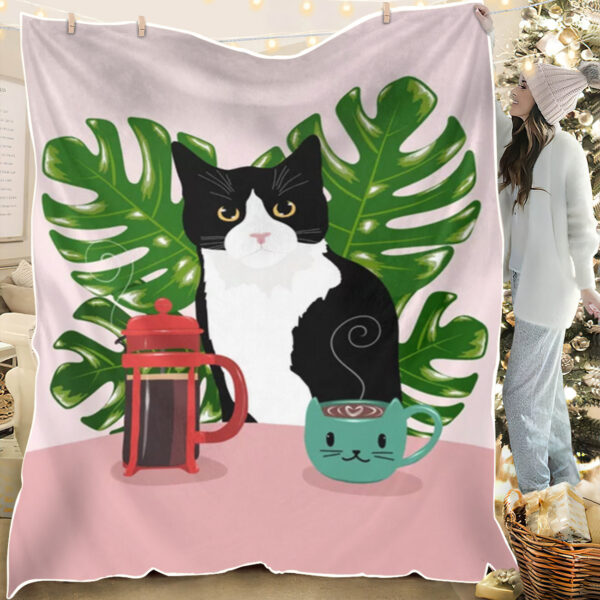 Cat Fleece Blanket – Tuxie Cat And Coffee – Cat Blanket For Sofa – Cats Blanket – Blanket With Cats On It – Furlidays