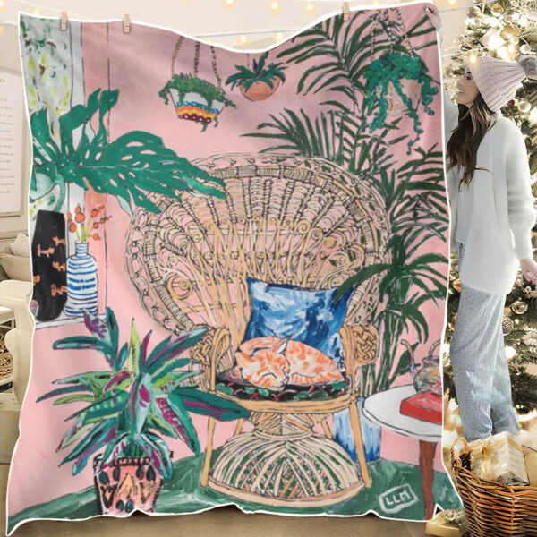 Blanket With Cats On It – Cats Blanket – Ginger Cat In Peacock Chair With Indoor Jungle Of House Plants – Cat Fleece Blanket – Furlidays
