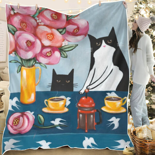 Cat Throw Blanket – Cats And French Press Coffee – Cat Blankets – Cat Fleece Blanket – Furlidays