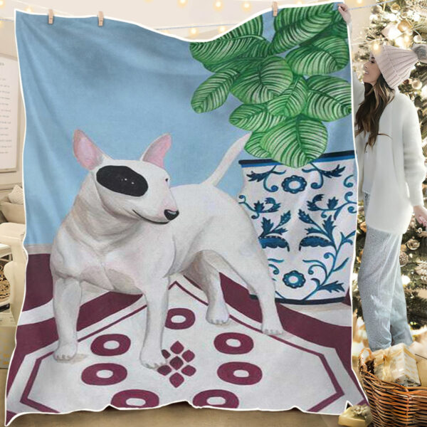 Dog Painting Blanket – English Bull Terrier With Plant – Blanket With Dogs On It – Dog Blankets For Sofa – Dog Fleece Blanket – Furlidays