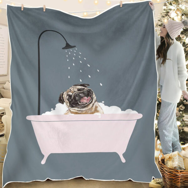 Dog Fleece Blanket – Laughing Pug Enjoying Bubble Bath – Dog Blankets – Dog In Blanket – Dog Face Blanket – Furlidays