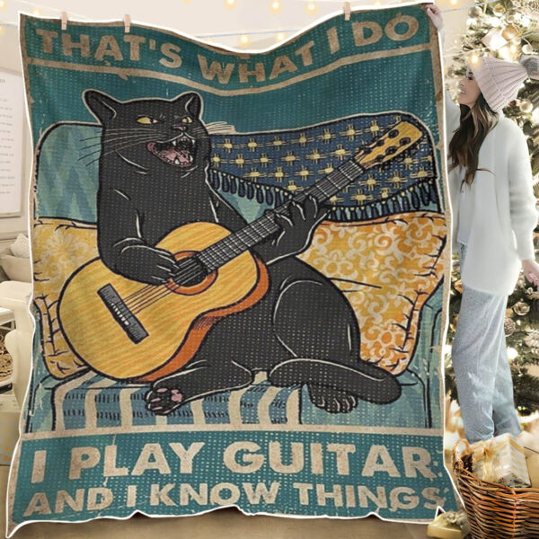 Cat Blanket – I Play Guitar I Know Things – Black Cat Guitar – Cat Painting Blanket – Cat Throw Blanket – Furlidays