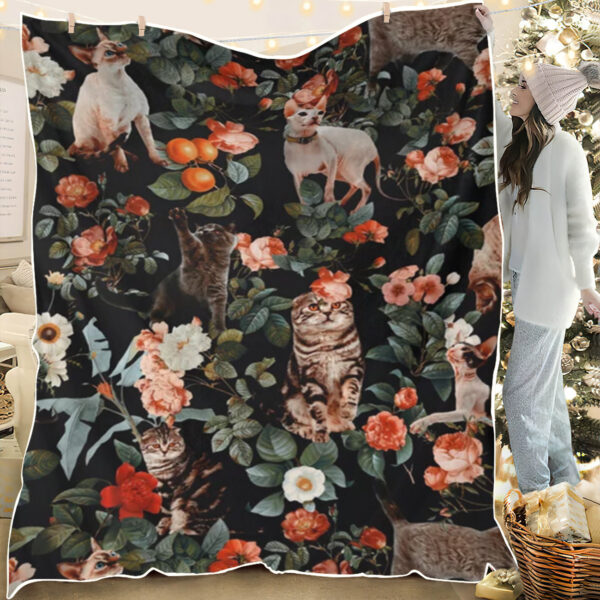 Cat Throw Blanket – Cat And Floral Pattern – Cat Blanket – Cat Blanket For Couch – Furlidays