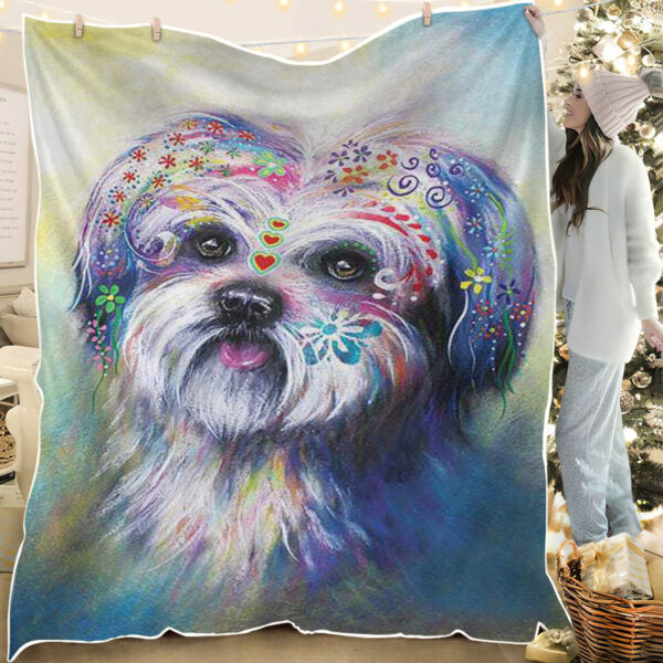 Dog Blankets – Boho Shih Tzu – Dog Blanket For Couch – Blanket With Dogs Face – Furlidays