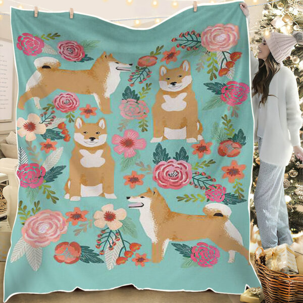 Dog Blankets – Shiba Inu Floral Collage – Dog Blanket For Couch – Dog Fleece Blanket – Dog Painting Blanket – Furlidays