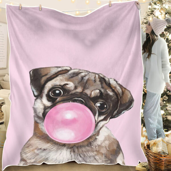 Blanket With Dogs On It – Pug Blowing Bubble Gum In Pink – Dog Throw Blanket – Dog Blankets For Sofa – Furlidays