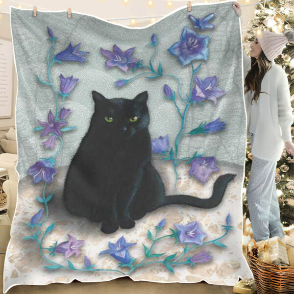 Cat Fleece Blanket – Black Cat With Bellflowers – Cat Blanket For Couch – Cat In Blanket – Blanket With Cats On It – Furlidays