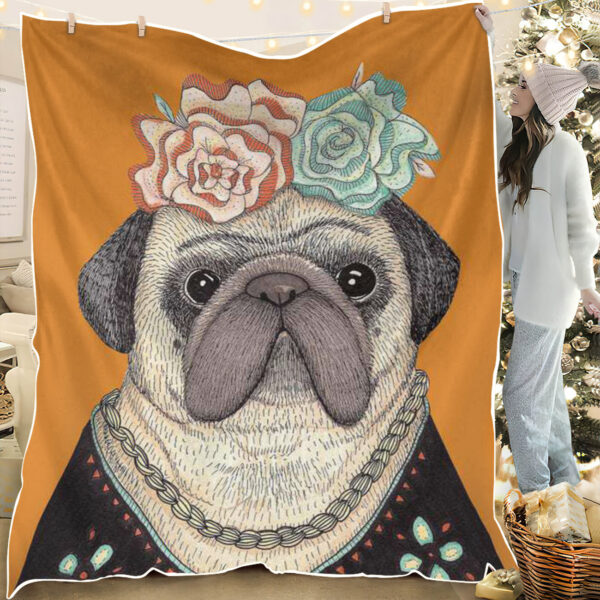 Dog Fleece Blanket – Frida Pug – Blanket With Dogs Face – Dog Blankets – Dog Painting Blanket – Furlidays