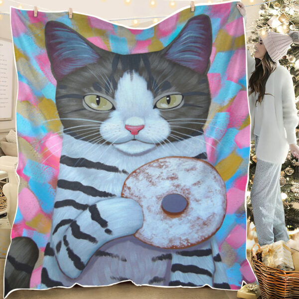 Cat Blanket For Sofa – Cat Eating Donut – Cat In Blanket – Cat Fleece Blanket – Furlidays