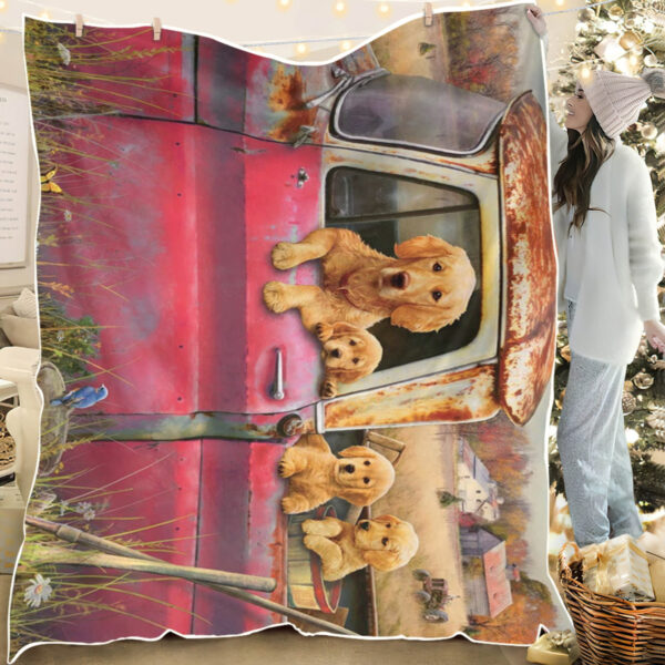 Dog Blankets – Goldens And Truck – Dog Fleece Blanket – Dog In Blanket – Blanket With Dogs On It – Furlidays