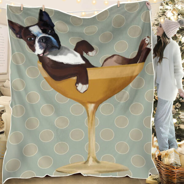 Blanket With Dogs On It – Boston Terrier In Cocktail Glass – Dog Face Blanket – Dog Fleece Blanket – Dog Blankets For Sofa – Furlidays
