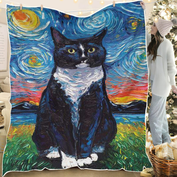 Cat Fleece Blanket – Tuxedo Cat Night – Cat Blanket For Couch – Cat In Blanket – Blanket With Cats On It – Furlidays