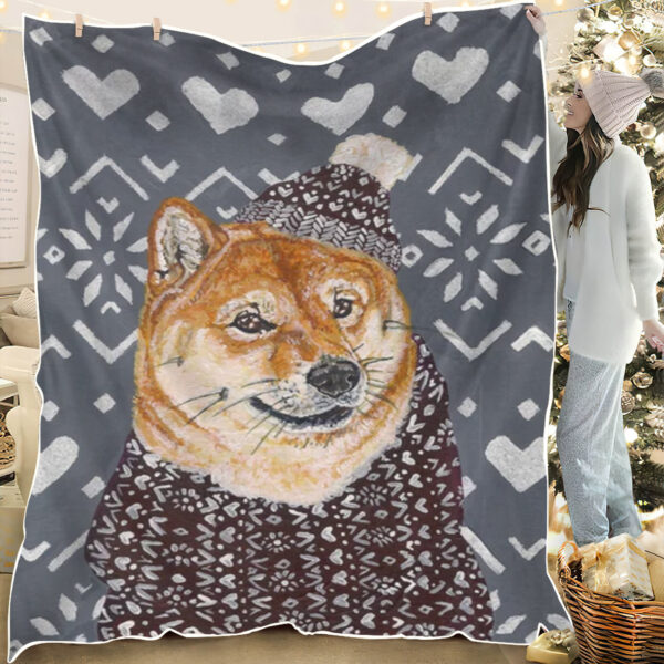 Dog Painting Blanket – Shiba Inu In A Hat And Scarf – Dog Throw Blanket – Dog In Blanket – Dog Fleece Blanket – Furlidays