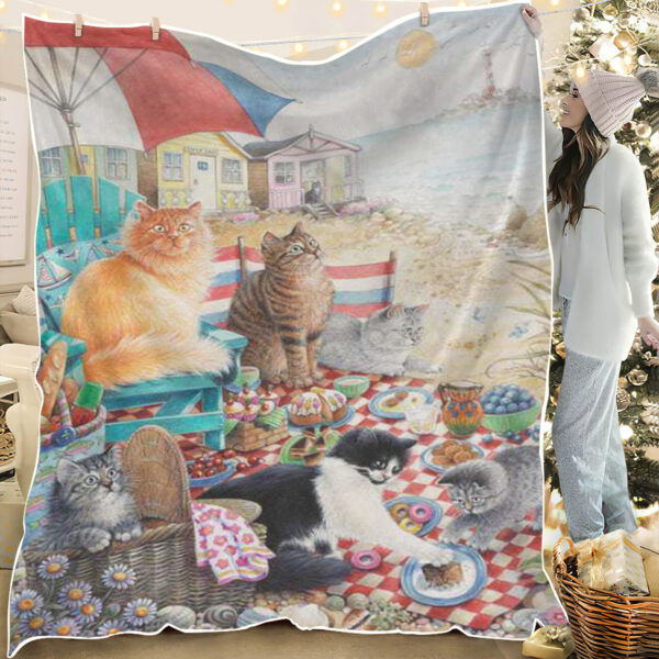 Cat Fleece Blanket – Summer Picnic With Cats – Cat Blanket For Couch – Cats In Blanket – Cats Blanket – Furlidays