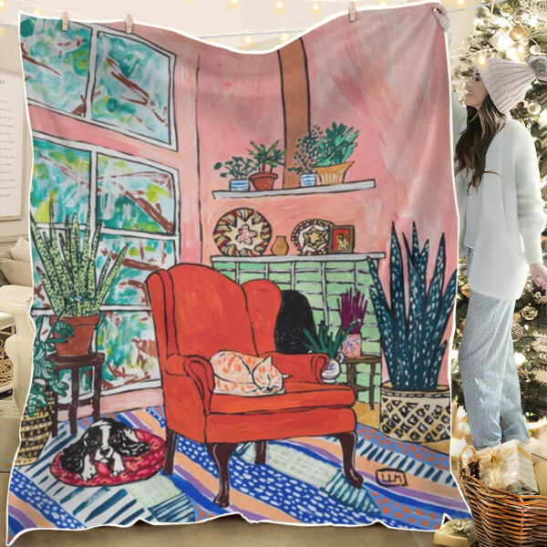 Cat Fleece Blanket – Red Armchair In Pink Interior With Houseplants – Ginger Cat – Blanket With Cats On It – Cat In Blanket – Furlidays