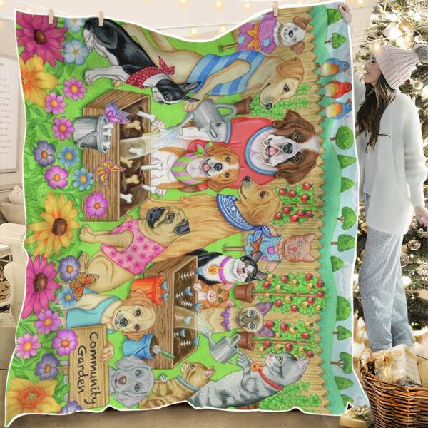 Dog Throw Blanket – Community Garden – Dog Fleece Blanket – Blanket With Dogs On It – Furlidays
