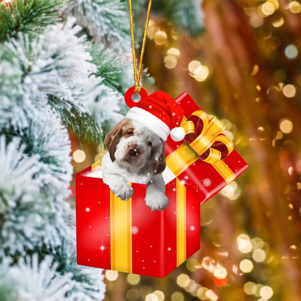 Clumber Spaniel In Red Gift Box Christmas Ornament – Holiday Dog Ornaments